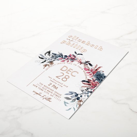 冬のフローラバラ金ゴールドクリスマスホリデ結婚ーズ 箔招待状 (回転した状態)