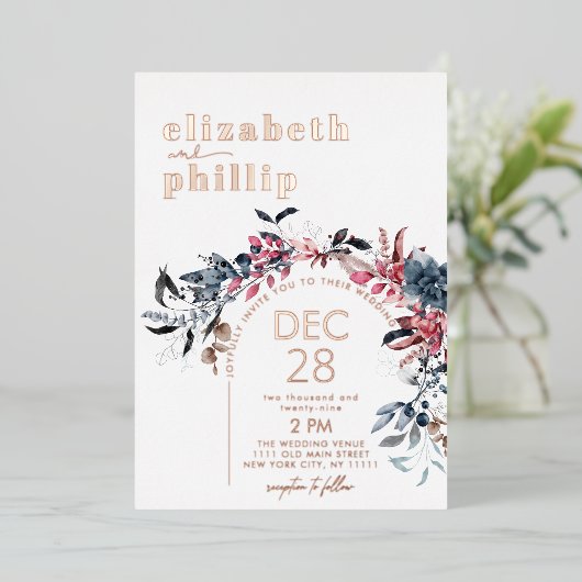 冬のフローラバラ金ゴールドクリスマスホリデ結婚ーズ 箔招待状 (立ち正面)