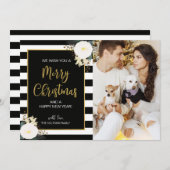 冬のフローラブラックストライプクリスマスフォトカード シーズンカード (正面/裏面)