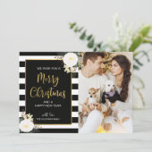 冬のフローラブラックストライプクリスマスフォトカード シーズンカード (スタンド正面)