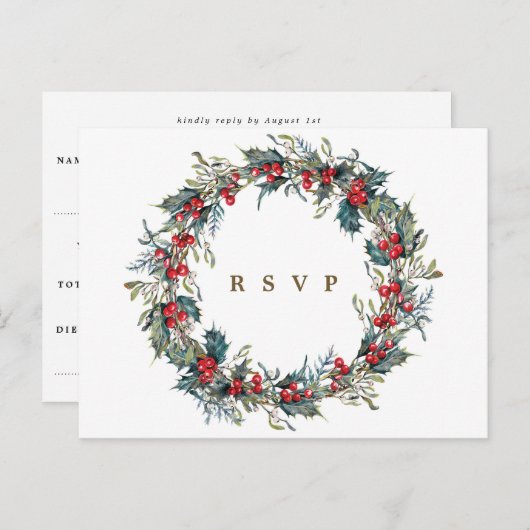 冬のフローラホリーリース結婚式の出欠はがき ポストカード (正面/裏面)