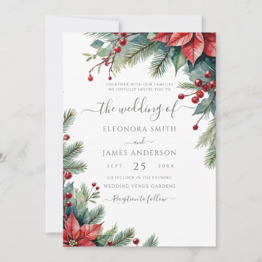 冬のフローラポインセチア結婚クリスマスグリーン 招待状 (正面)