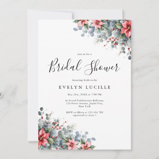 冬のフローラポインセティアホリデイブライダルシャワー 招待状 (正面)
