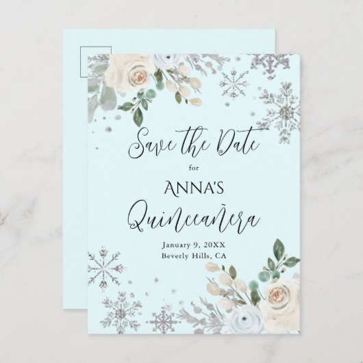 冬のフローラライトブルーキンセアニェラ日付を保存 ポストカード (正面/裏面)