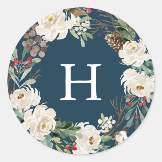 冬のフローラリースネイビーモノグラムホリデイ ラウンドシール (正面)