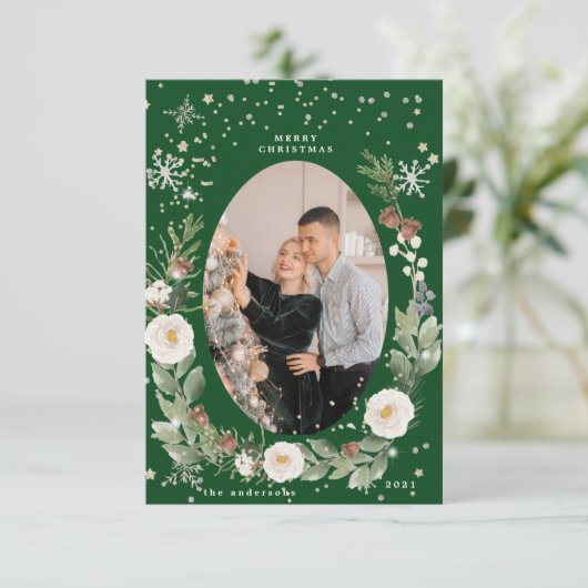 冬のフローラリースフォトハッピーホリデーカード 招待状 (スタンド正面)