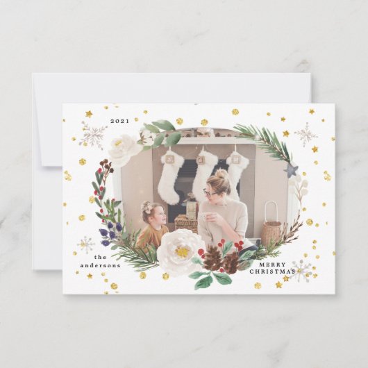 冬のフローラリース写真ハッピーホリデーカード 招待状 (正面)