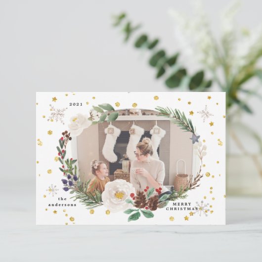冬のフローラリース写真ハッピーホリデーカード 招待状 (スタンド正面)
