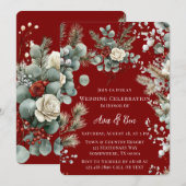 冬のフローラレッドホワイトローズ結婚ズ 招待状 (正面/裏面)
