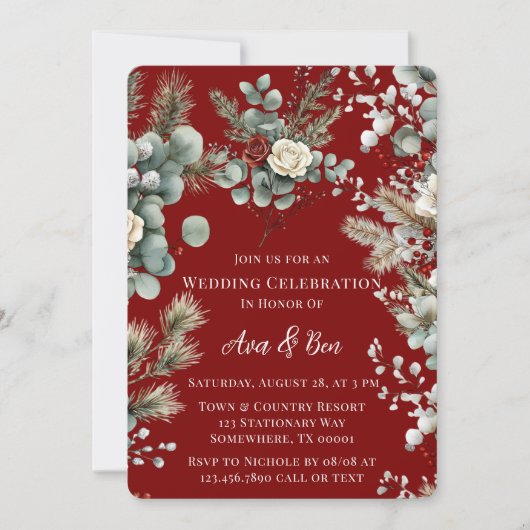冬のフローラレッドホワイトローズ結婚ズ 招待状 (正面)