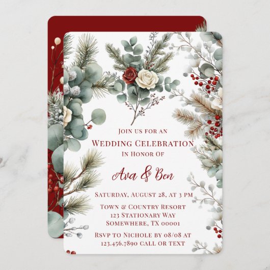 冬のフローラレッドホワイトローズ結婚ズ 招待状 (正面/裏面)