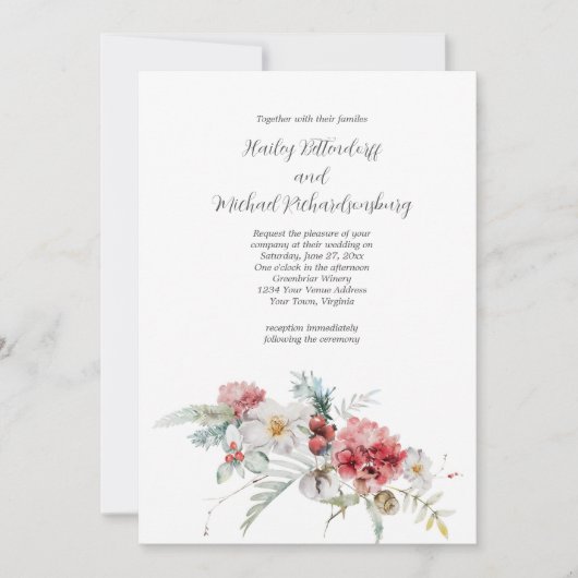 冬のフローラレッド赤面ホワイトグリーン結婚ズ 招待状 (正面)