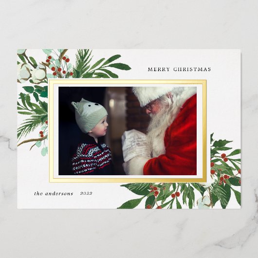 冬のフローラ写真の休日のホイルの招待 箔招待状 (正面)