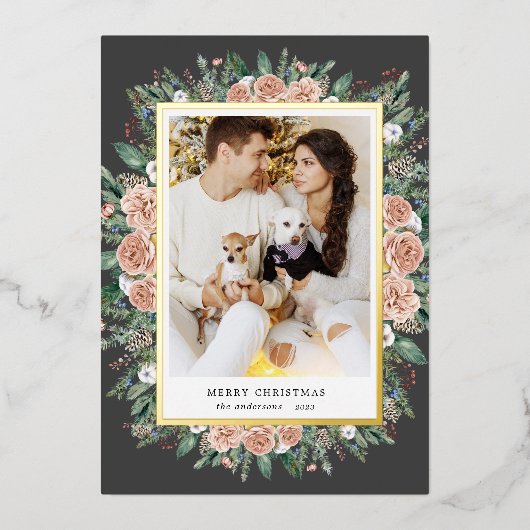 冬のフローラ写真の休日のホイルの招待 箔招待状 (正面)