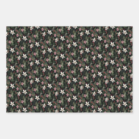 冬のフローラ図解入りの、写真付きのポインセチアのクリスマス ラッピングペーパーシート (正面)