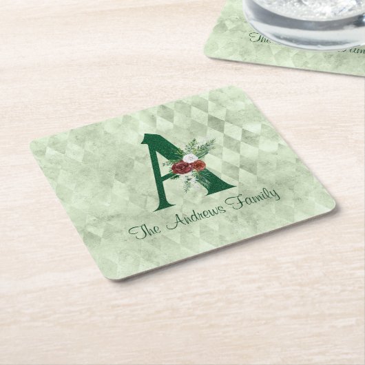 冬のフローラ図解入りの、写真付きのレターAパーソナライズされた スクエアペーパーコースター (アングル)