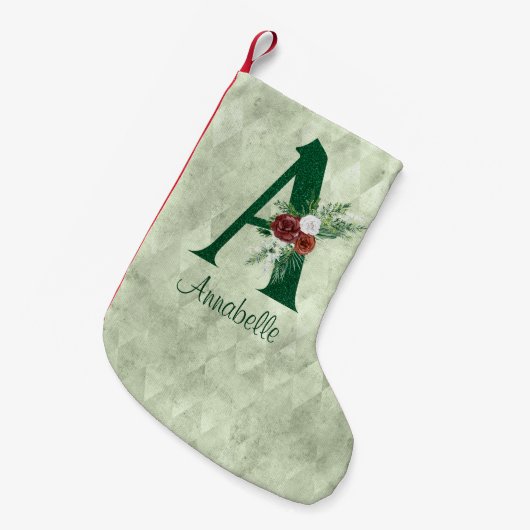 冬のフローラ図解入りの、写真付きのレターAパーソナライズされた スモールクリスマスストッキング (正面 (吊り時))