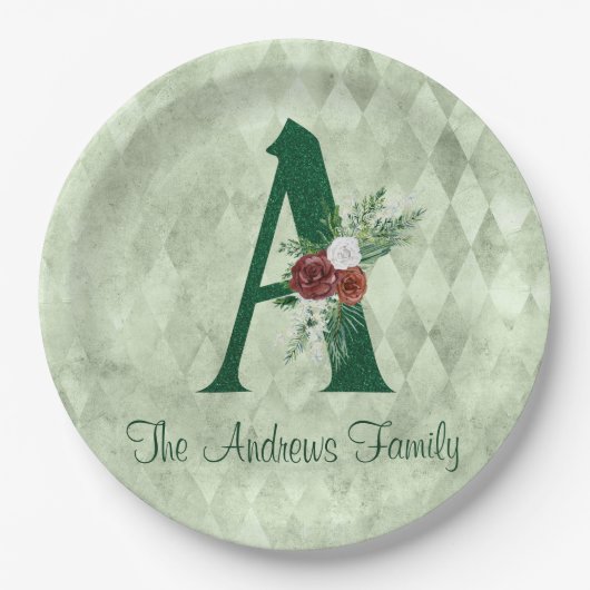 冬のフローラ図解入りの、写真付きのレターAパーソナライズされた ペーパープレート (正面)