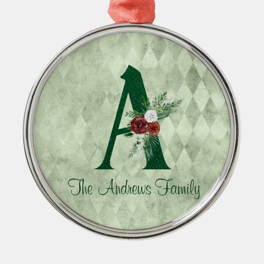 冬のフローラ図解入りの、写真付きのレターAパーソナライズされた メタルオーナメント (正面)