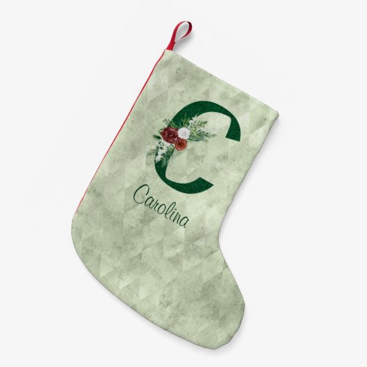 冬のフローラ図解入りの、写真付きのレターCパーソナライズされた スモールクリスマスストッキング (正面 (吊り時))
