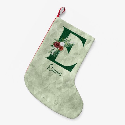 冬のフローラ図解入りの、写真付きのレターE パーソナライズされた スモールクリスマスストッキング (正面 (吊り時))