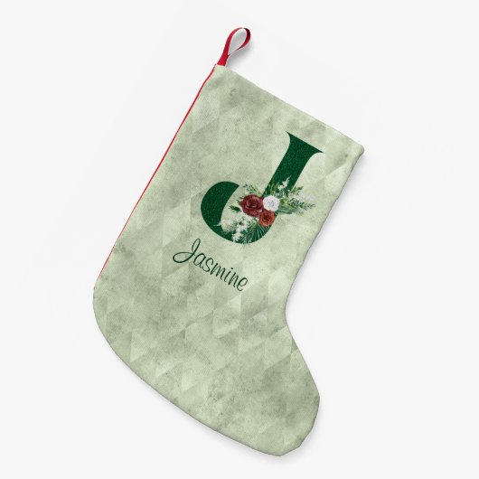 冬のフローラ図解入りの、写真付きのレターJ パーソナライズされた スモールクリスマスストッキング (正面 (吊り時))