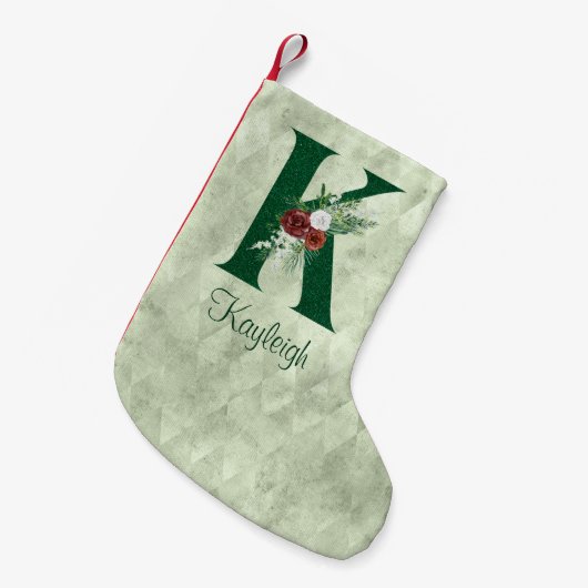 冬のフローラ図解入りの、写真付きのレターK パーソナライズされた スモールクリスマスストッキング (正面 (吊り時))