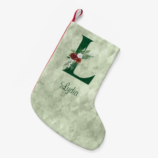 冬のフローラ図解入りの、写真付きのレターLパーソナライズされた スモールクリスマスストッキング (正面 (吊り時))