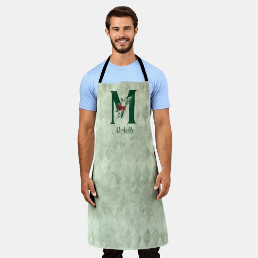 冬のフローラ図解入りの、写真付きのレターM パーソナライズされた エプロン (着用した状態)