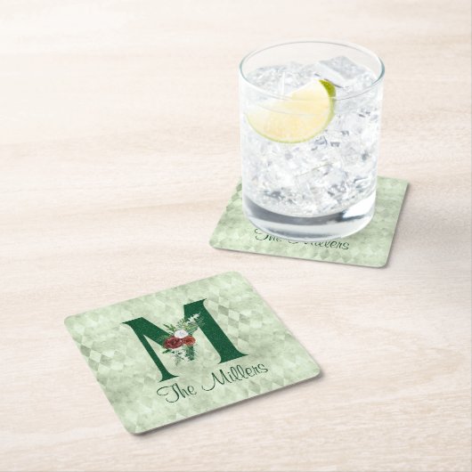 冬のフローラ図解入りの、写真付きのレターM パーソナライズされた スクエアペーパーコースター (インサイチュ)