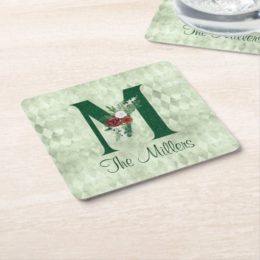 冬のフローラ図解入りの、写真付きのレターM パーソナライズされた スクエアペーパーコースター (アングル)