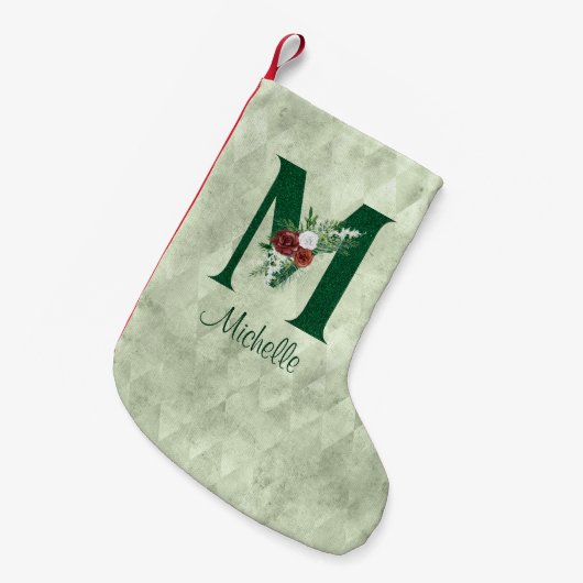 冬のフローラ図解入りの、写真付きのレターM パーソナライズされた スモールクリスマスストッキング (正面 (吊り時))