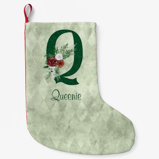 冬のフローラ図解入りの、写真付きのレターQパーソナライズされた スモールクリスマスストッキング (正面)