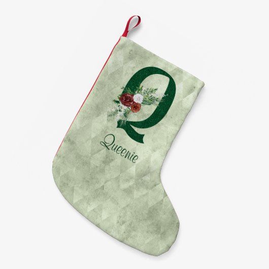 冬のフローラ図解入りの、写真付きのレターQパーソナライズされた スモールクリスマスストッキング (正面 (吊り時))