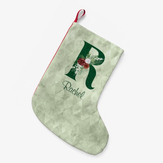 冬のフローラ図解入りの、写真付きのレターR パーソナライズされた スモールクリスマスストッキング (正面 (吊り時))