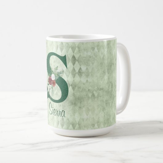 冬のフローラ図解入りの、写真付きのレターSパーソナライズされた コーヒーマグカップ (正面右)