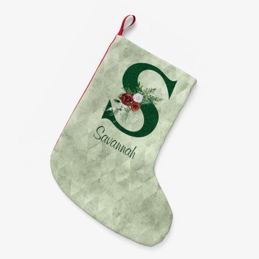 冬のフローラ図解入りの、写真付きのレターSパーソナライズされた スモールクリスマスストッキング (正面 (吊り時))