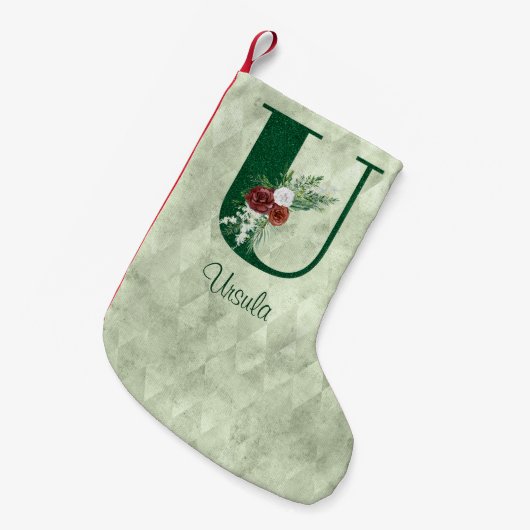 冬のフローラ図解入りの、写真付きのレターU パーソナライズされた スモールクリスマスストッキング (正面 (吊り時))
