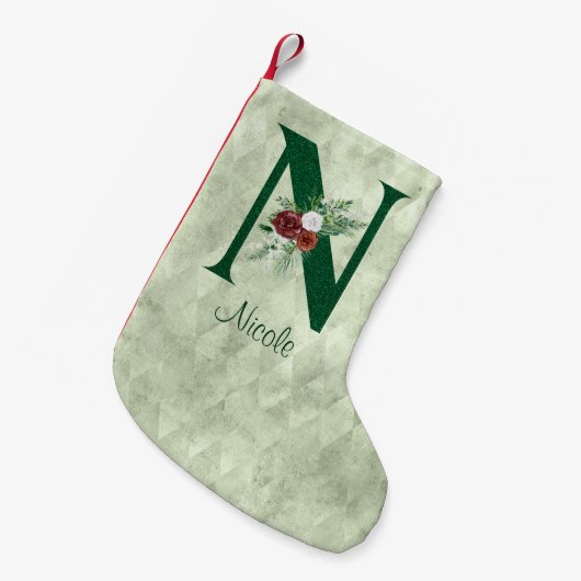 冬のフローラ図解入りの、写真付きの文字N パーソナライズされた スモールクリスマスストッキング (正面 (吊り時))