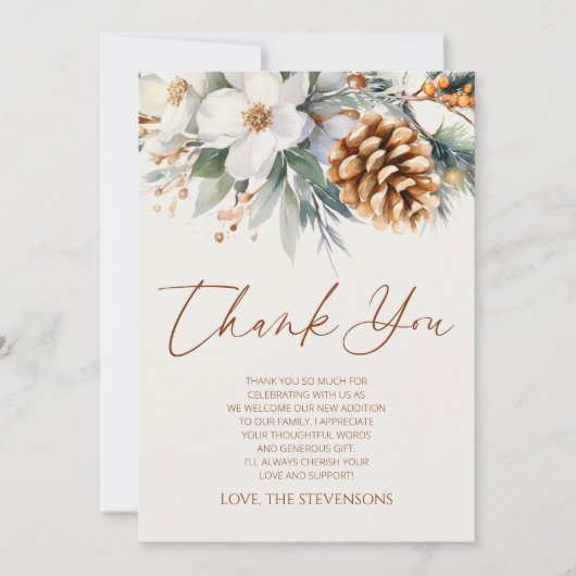 冬のフローラ松の木クリスマスベビーシャワー サンキューカード (正面)