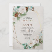 冬のフローラ水色ホワイトローズパイン結婚ズ 招待状 (正面)