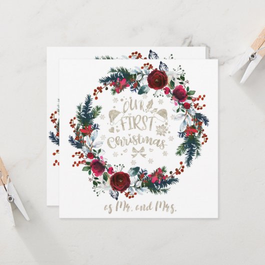 冬のフローラ私たちの最初のクリスマスはミスターとミセス。 カード (正面/裏面インサイチュ)