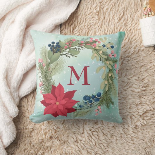 冬のフローラ素朴なリースポインセチア・モノグラム クッション (ブランケット)