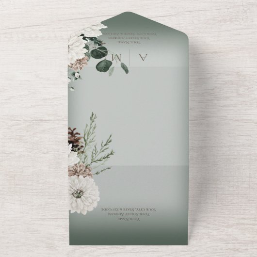 冬のフローラ素朴グリーンスパークルノーディナー オールインワン招待状 (外側)