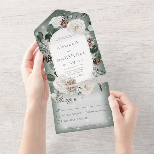 冬のフローラ素朴グリーンスパークルノーディナー オールインワン招待状 (貼ってはがせる)