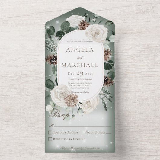 冬のフローラ素朴グリーンスパークルノーディナー オールインワン招待状 (内側)