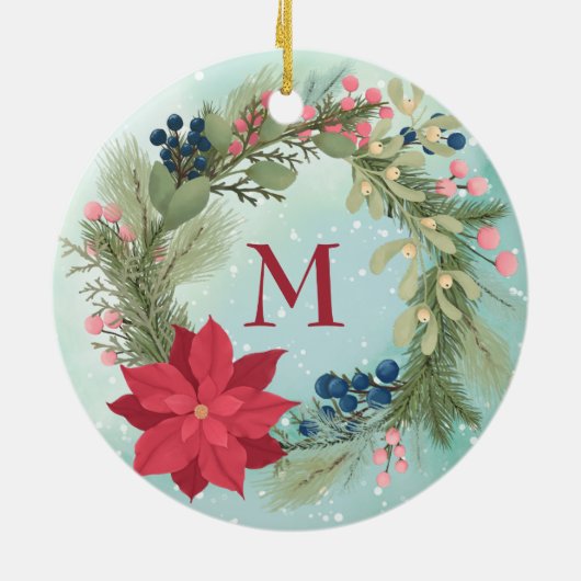 冬のフローラ素朴リースポインセチア・モノグラム セラミックオーナメント (裏面)