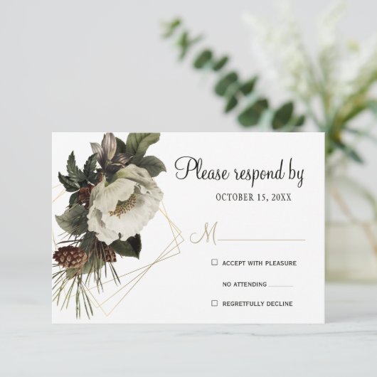 冬のフローラ結婚の金ゴールド幾何学的モダン 出欠カード (スタンド正面)