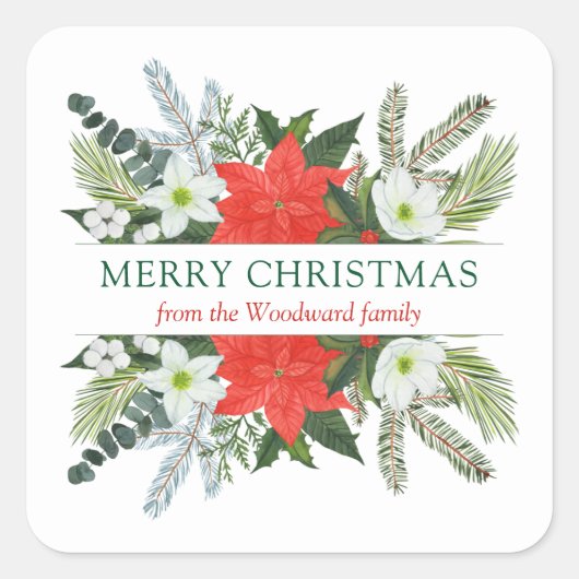冬のフローラ緑メリークリスマスウォーター色 スクエアシール (正面)