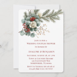 冬のフローラ赤い白結婚バラのカップルのシャワー 招待状